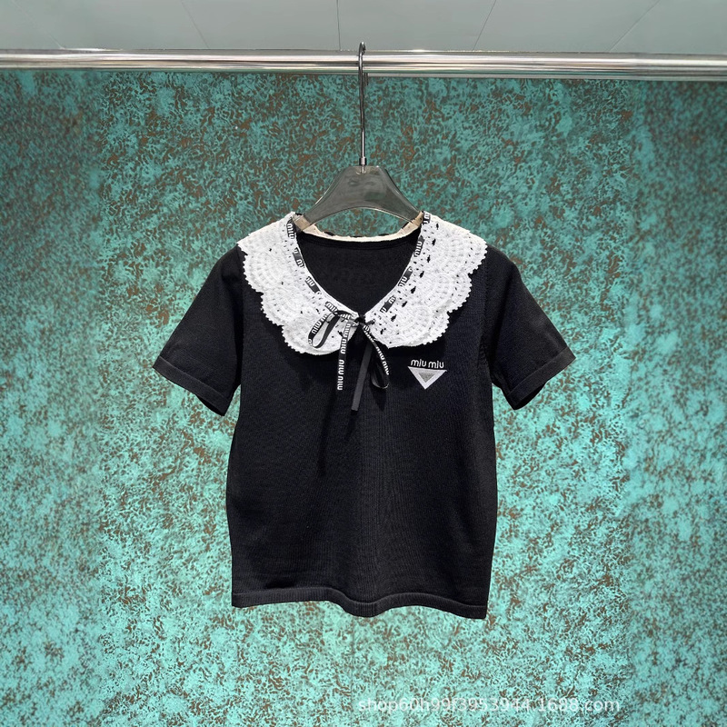 mm25春夏新款甜美减龄重工拼接娃娃领针织短袖女款|undefined
