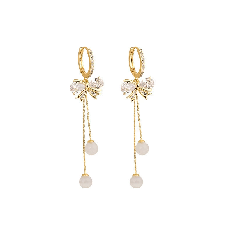 Long silver needle, earrings with tassels with bow, silver 925 sample, cat's eye, internet celebrity