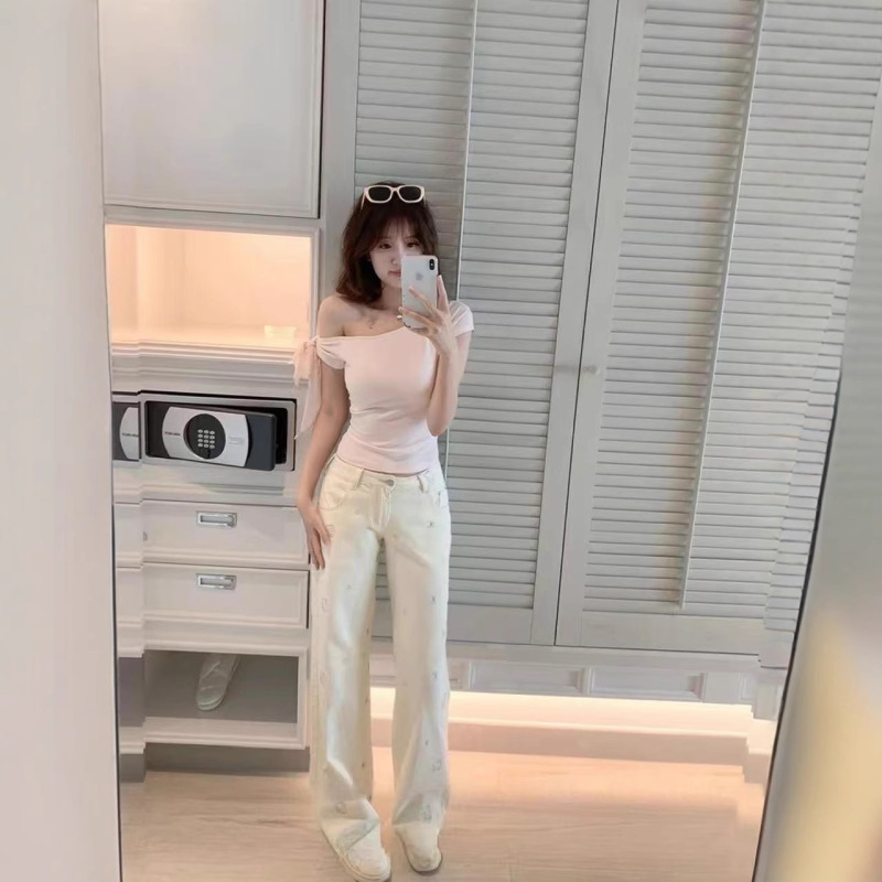 甜酷kitty猫刺绣阔腿牛仔裤女夏季新款小众设计感蝴蝶结宽松长裤|undefined