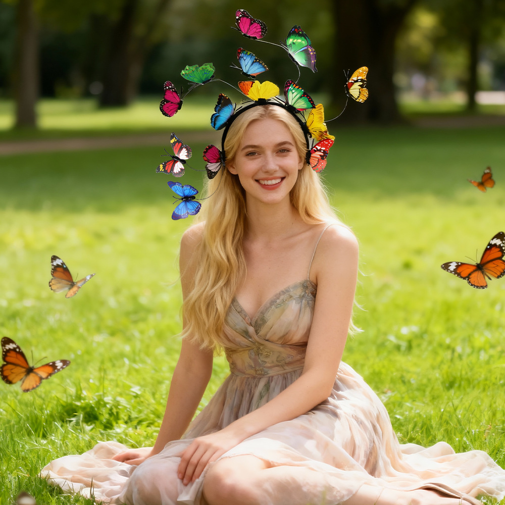 Color transfronterizo mariposa de simulación estereoscópica mariposa de cabeza para adultos niños primavera fotos de bosque tocado de foto