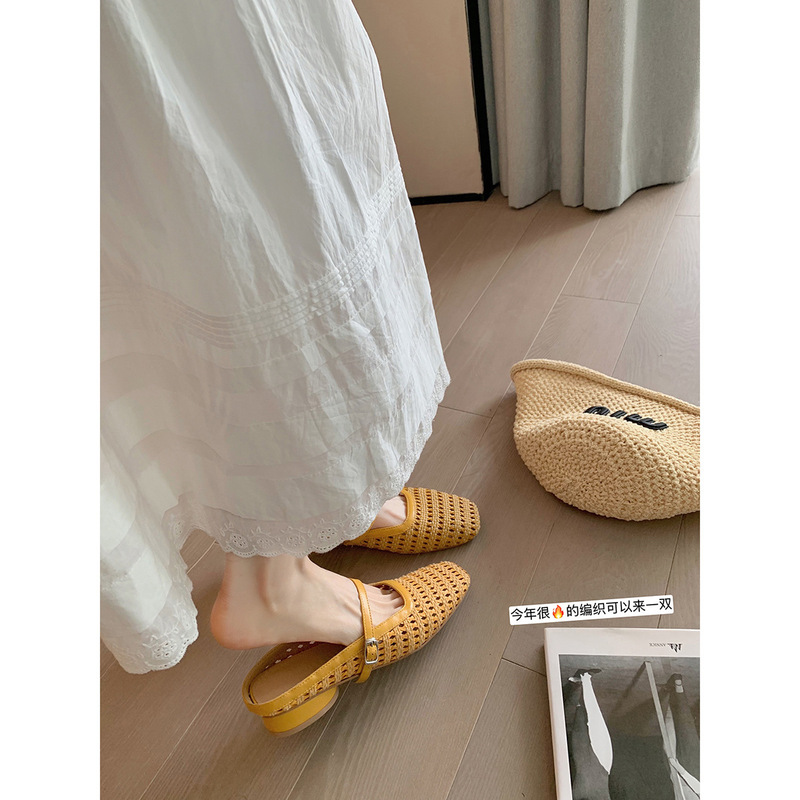Sheepskin Grape Mom Baotou Slippers Women's Vintage Woven Hollow Square Toe One-character Thick Heel Mueller Half-drag Hollow Single-layer Shoes