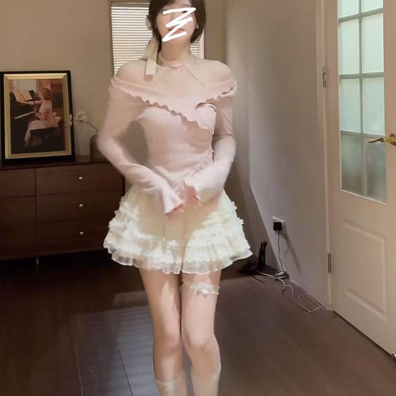 纯欲甜美套装秋季修身显瘦设计感不规则上衣+蕾丝半身裙两件套女|undefined