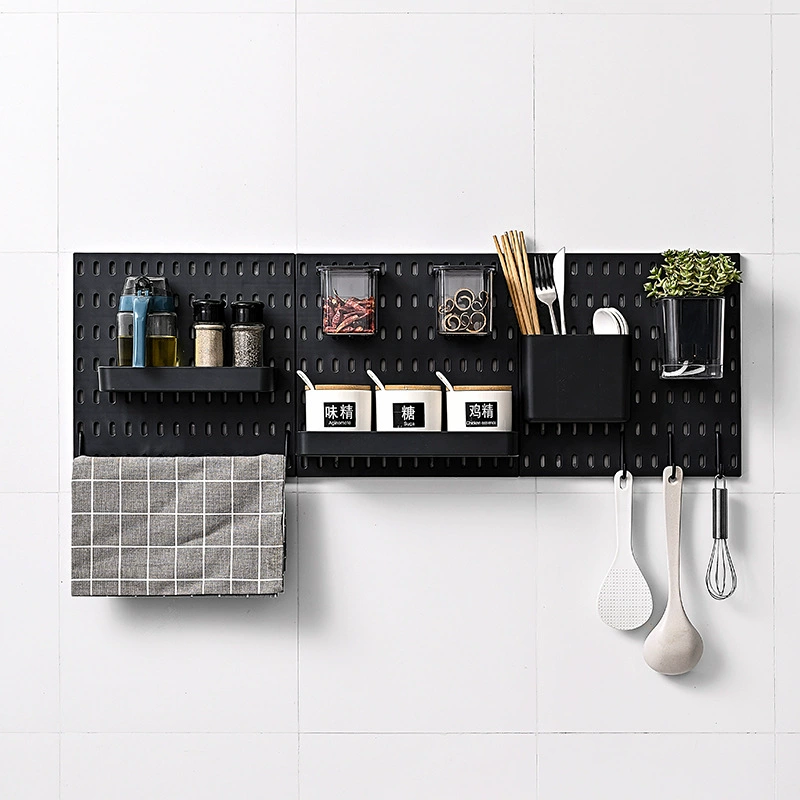 Kitchen wall pegboard organizer panel, plastic black, modular hooks & shelves, wholesale codes B001–B201
