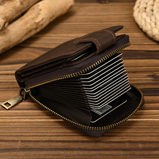 Genuine leather short wallet ID bag Crazy Horse leather zipper wallet simple large capacity two-fold zipper card holder cowhide