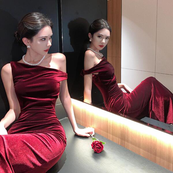 Red velvet evening dress