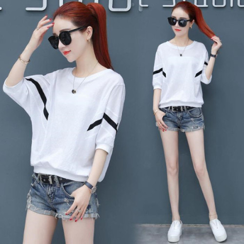 Women's Summer Loose Korean Style Casual T-Shirt with Batwing Collar and Five-Finger Sleeve