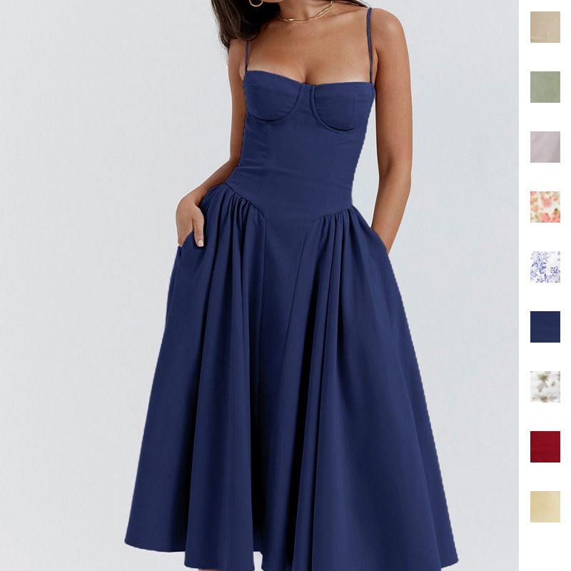 Women's French Vintage Court Style Solid Color Suspender Spring Dress Women_ecoleips.com