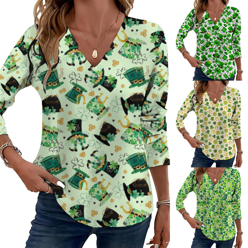 Spring 2024 Irish Holiday Green Leaf Print Rullan Horseshoe St Patrick's Day Sweatshirt Long Sleeve Tee