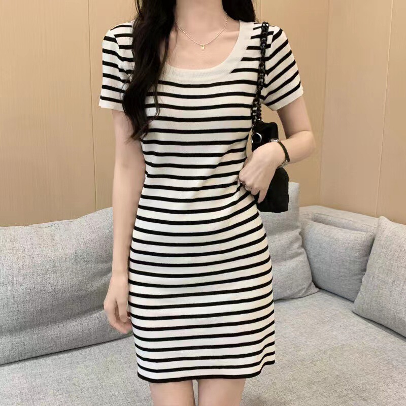 Square Collar Stripesd Short-Sleeved Dress for Women Summer New Slim Hip-Hugging Short Skirt Sweet Sexy Pure Desire Skirt Trendy Square Collar Stripesd Short-Sleeved Dress for Women Summer New Slim Hip-Hugging Short Skirt Sweet Sexy Pure Desire Skirt Trendy