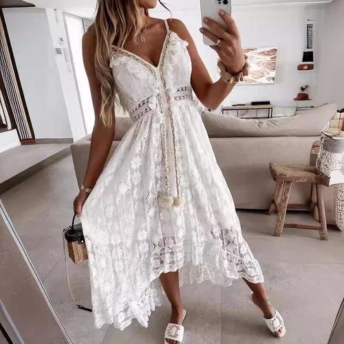 Summer European and American Lace Strappy Maxi Dress Gown in Solid Color