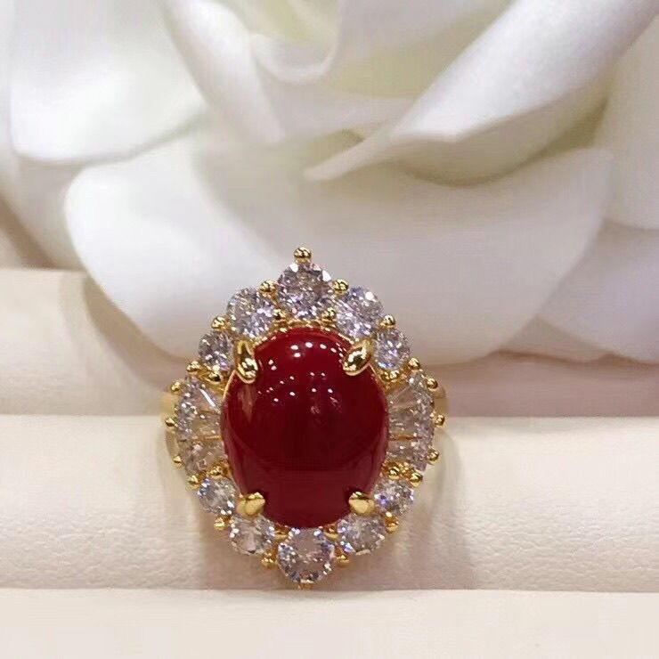 Anillo de coral de 18k de diamantes hechos a mano, anillo de moda chapado en oro, tendencia de madres, ventas calientes.