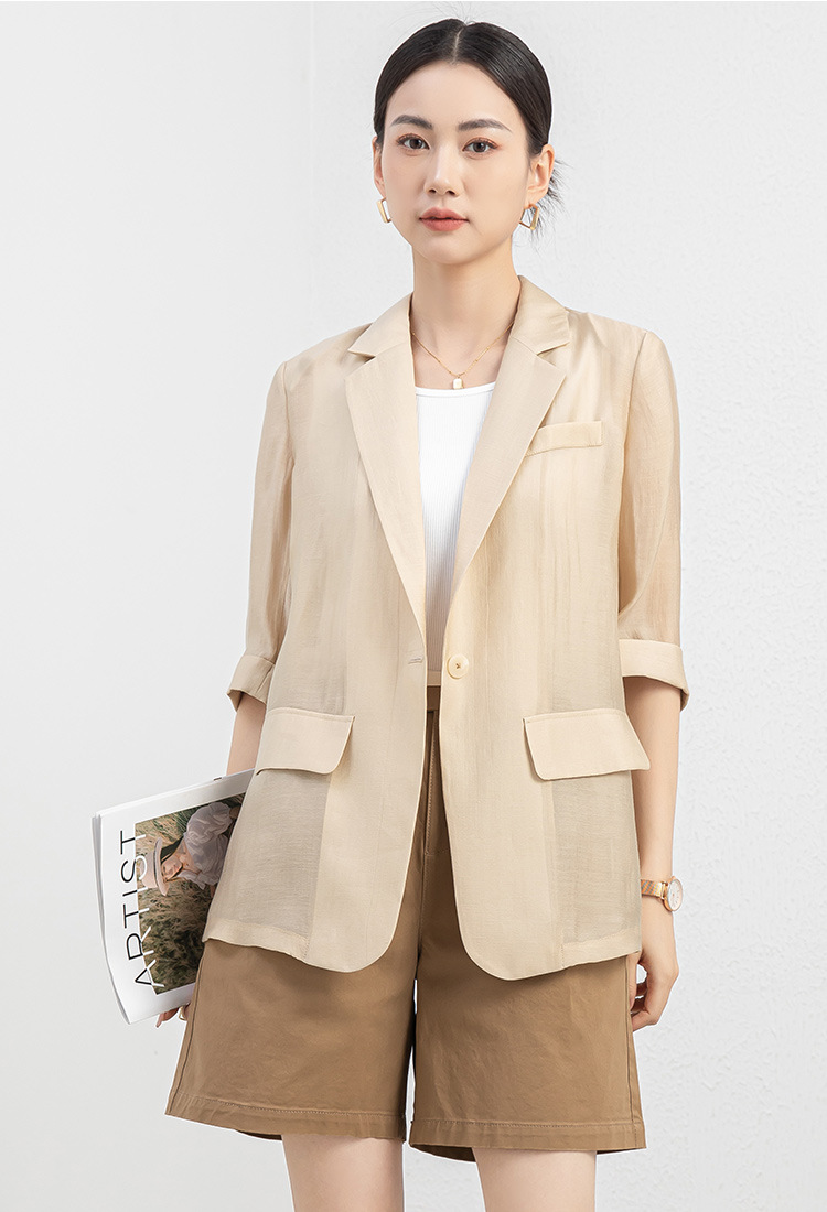 Áo blazer nữ mỏng mùa hè màu xanh lá cây dáng suông nhẹ — Màu Sâm panh chi tiết 11