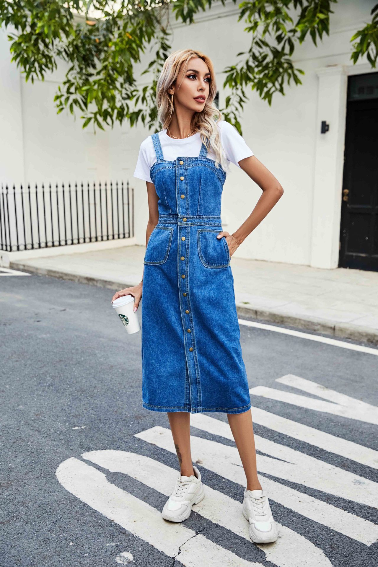 spring and summer new single-breasted denim suspender dress NSCX52793