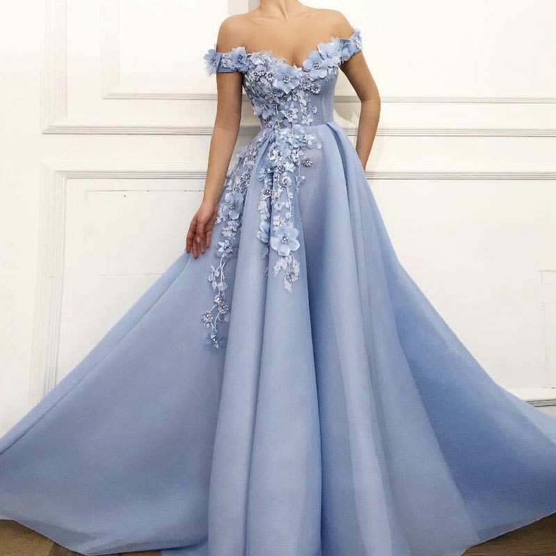 Europa y América Amazon AliExpress deseo de las mujeres vestido de noche fuera del hombro elegante vestido de banquete flor 3D vestido largo
