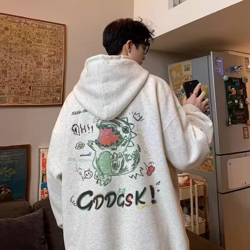 Fall 2024 Winter New Dinosaur Printed Sweater Boys Couple Loose Hoodie Couple Shoulder plus size Jacket