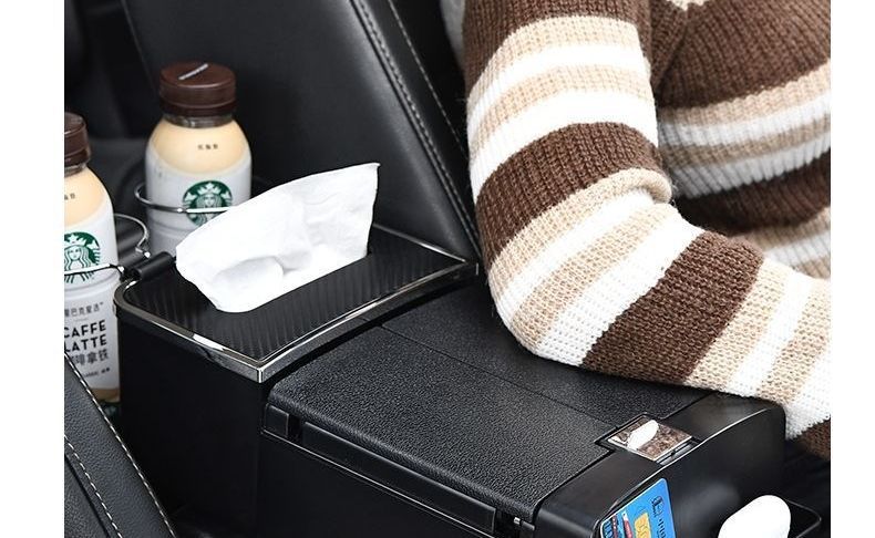 Multifunctional car cup holder with tissue box, creative design with storage box and armrest box