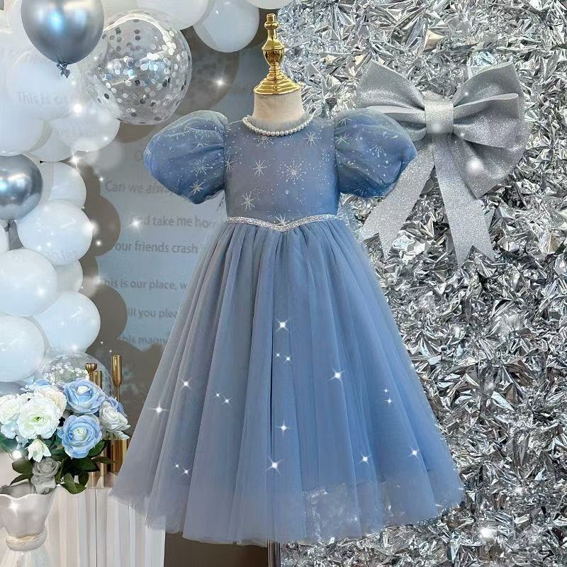 Y Sold Foreign Trade Summer Aisha Ice and Snow Children Snowflake Embroidery and Shoulder Strap Yarn dress 31005
