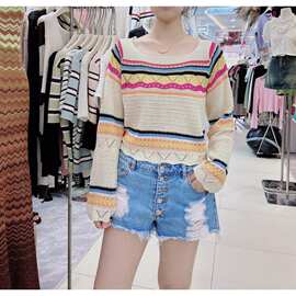 实拍撞色喇叭袖条纹针织衫设计感露背系带镂空罩衫上衣1935