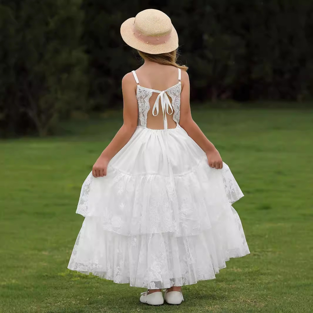 Nuevo comercio exterior transfronterizo niño lindo vestido de cuello en V sin mangas espalda de encaje espectáculo de cumpleaños flores vestido pequeño