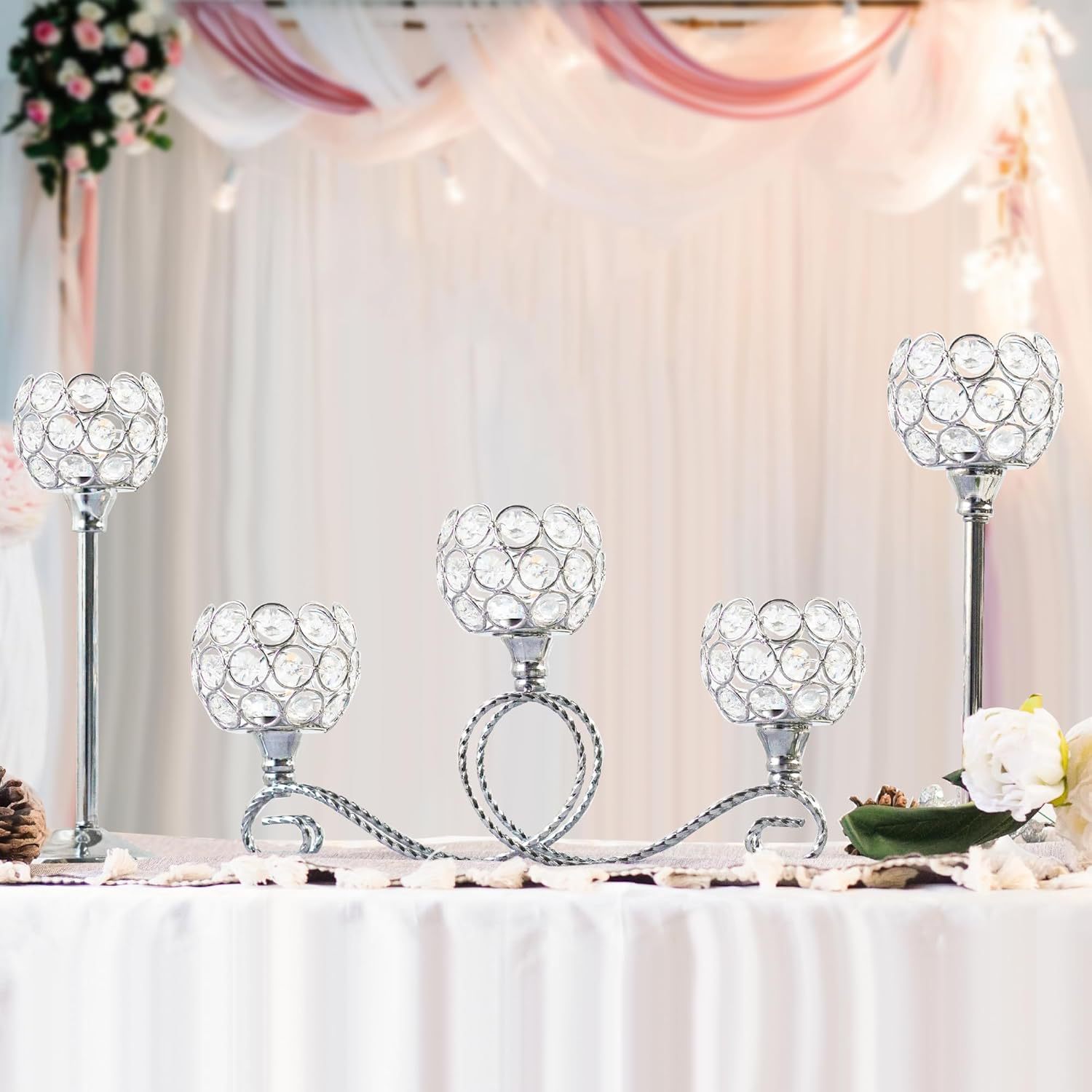 Enchapado de metal moderno nórdico 3 cabezas 5 brazos combinación candelabro de cristal elegante mesa de boda centro decoración candelabro