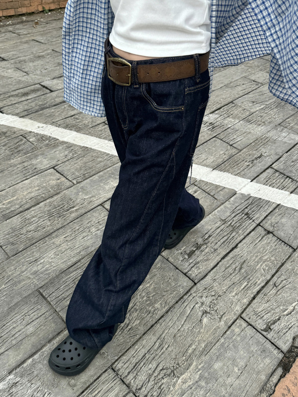 川川也丹宁原色宽松直筒复古牛仔裤男女美式街头拼接阔腿长裤潮牌|undefined