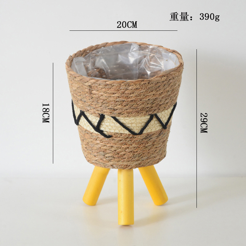 Decoración nórdica tipo piso estante de flores plantas de paja trenzadas cestas de flores de caña trenzadas maceta de loto verde balcón sala de estar estante de maceta