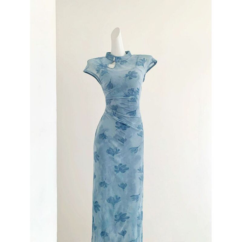【Blue Ink】New Chinese-Style Waist-Cinching Improved Qipao 2026 Fresh and Elegant New Slim-Fit Bright Dress in Blue