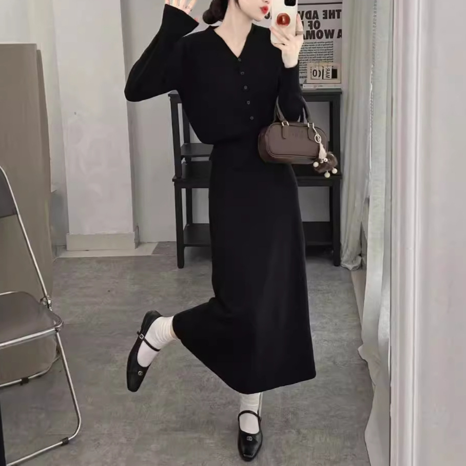 Temperamento piccolo profumo stile due pezzi donna primavera e autunno scollo a V cardigan lavorato a maglia linea A metà corpo lungo_voghion.com