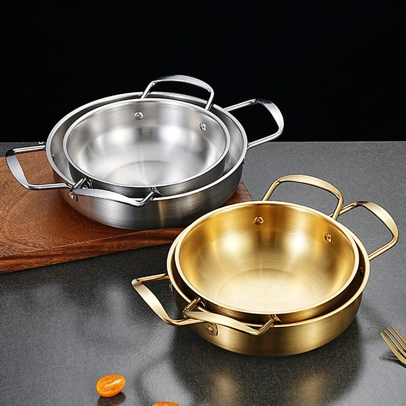 Корейская импровизированная миска для лапши из нержавеющей стали, seafood- pot, золотой маленький горячий горшок с двойными ушками, плоское дно, рамен-горшок, суповой горшок, для приготовления лапши дома