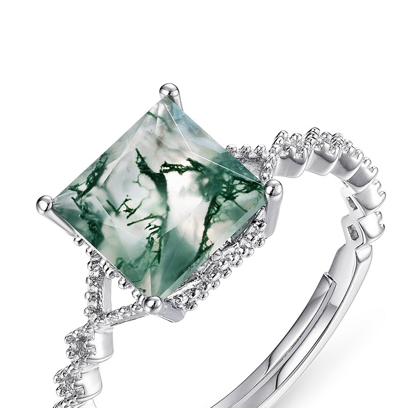 Nuevo anillo de ágata de hierba de agua natural geométrica transfronteriza S925 anillo de apertura de piedra de musgo verde plateado diseño personalizado todo fósforo