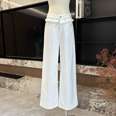 云朵褶边休闲裤女春夏设计感白色小众拖地阔腿弯刀裤