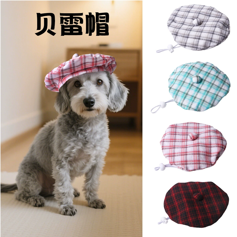 Новый берет для домашних животных, плед в клетку, милая шляпа для фото кошки, берет для собаки, головной убор для домашних животных