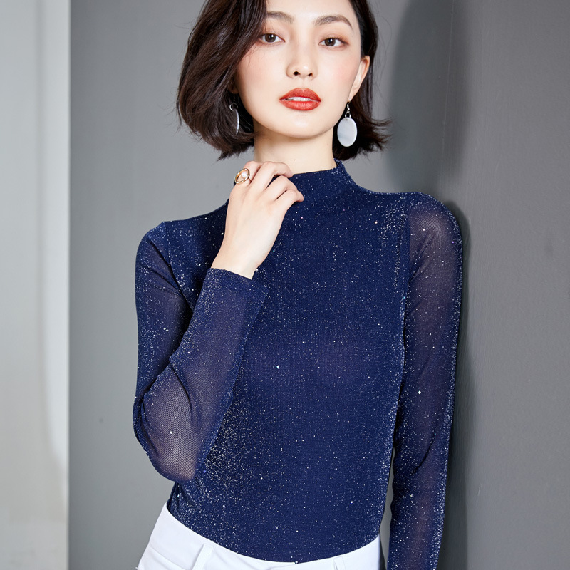 秋款欧货时尚洋气网纱打底衫女长袖薄款纱衣亮丝小衫修身显瘦上衣|undefined