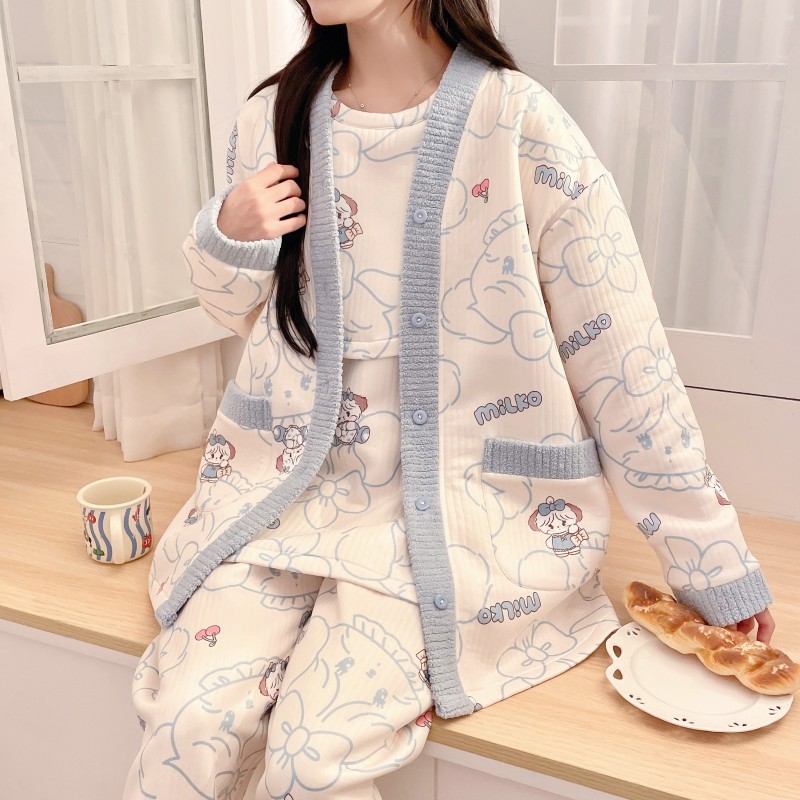 春秋冬季三件套空气棉产后喂奶哺乳月子服怀孕期加厚保暖孕妇睡衣|undefined
