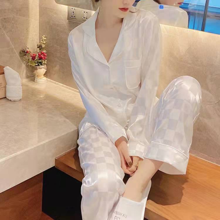 东南亚pajamas棋盘格冰丝仿真丝睡衣女秋冬季长袖韩版ins女家居服|undefined