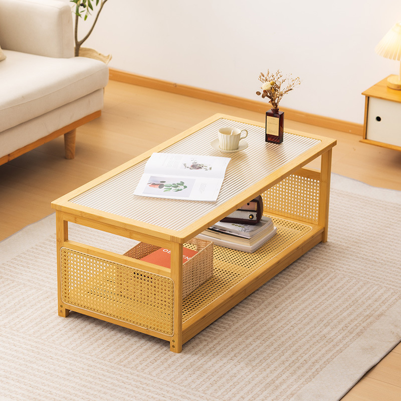 Mesa de centro de ratán, sala de estar, hogar, madera maciza, nueva mesa de té, apartamento pequeño de estilo japonés, mesa de vidrio rectangular moderna simple