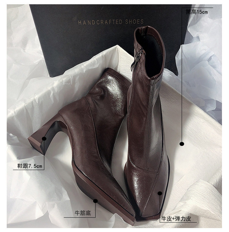 Bốt ngắn nữ da bò thật gót thô 6–8 cm co giãn ôm chân mũi vuông — Màu nâu (lót nhung) có sẵn, Màu nâu (lót đơn) hàng có sẵn, Màu đen (lót nhung) có sẵn, Đen (lót đơn) có sẵn chi tiết 5