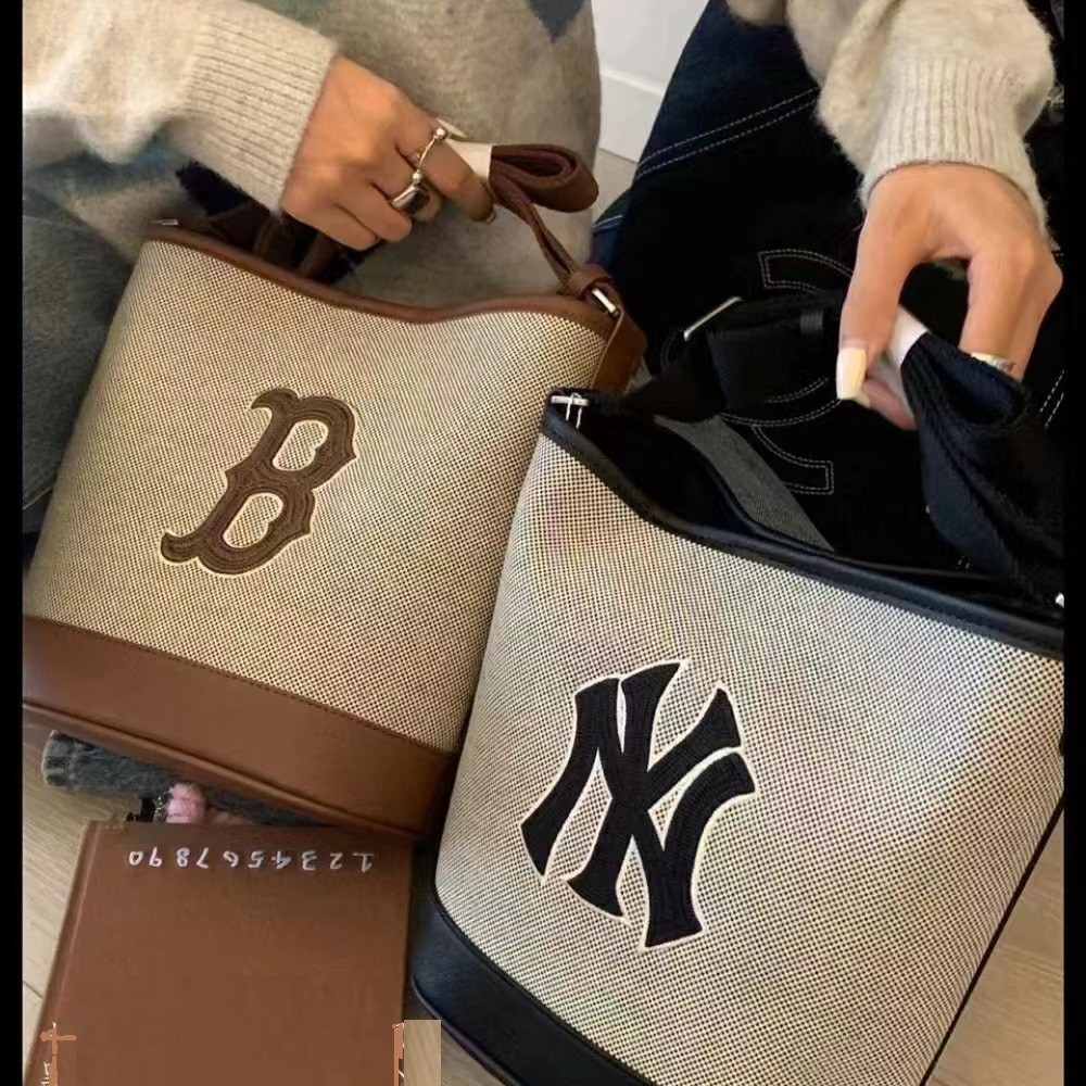 New Trendy Korean Mlb Canvas Bucket Bag Fashion Single Shoulder Crossbody Handheld Bucket Bag Ny Internet Celebrity Style Ins
