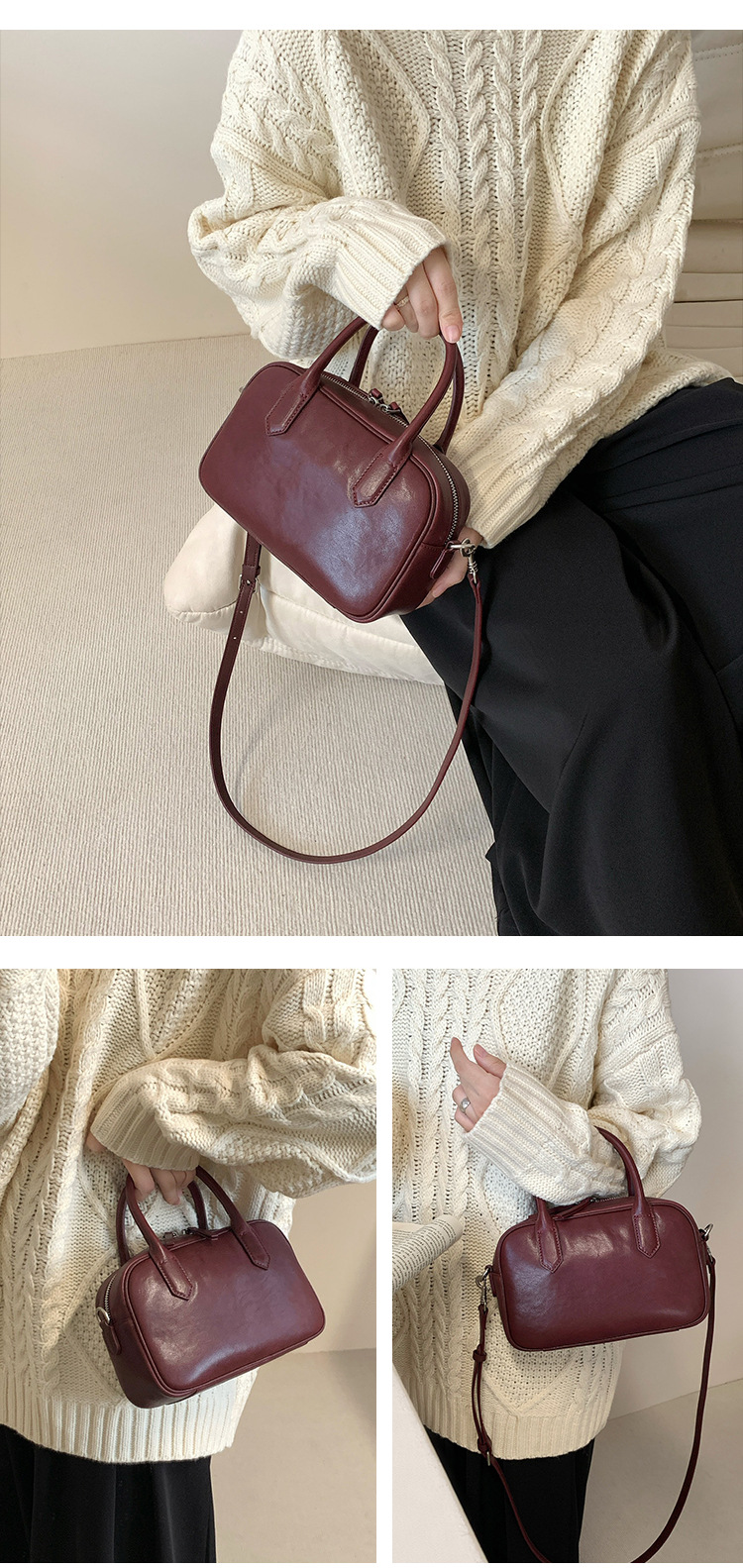 【 Genuine Leather Women's Bag 】 Vegetable tanned top layer cowhide bowling for women's niche handbag Boston bag_voghion.com