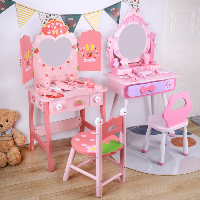 Tocador de simulación para niños, mesa de maquillaje de princesa, caja de joyería, juguetes de madera, juego de regalos de cumpleaños para niñas, casa de juegos