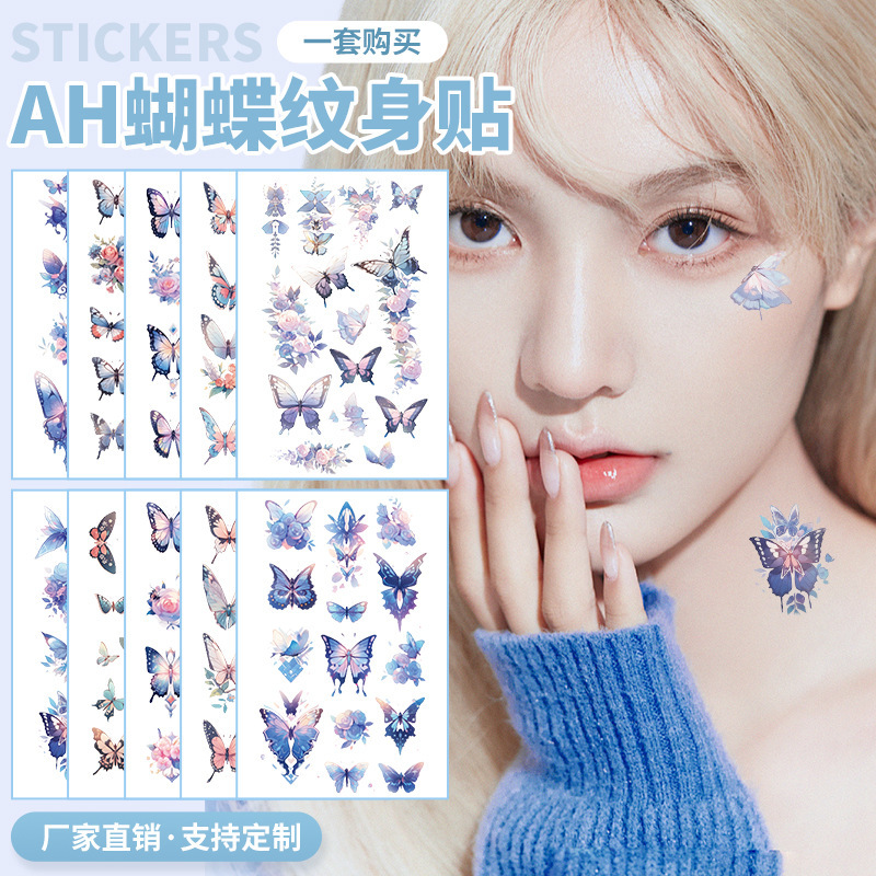 Colorful Butterfly Tattoo Stickers in Stock, High-End Style for Women, Waterproof and Long-Lasting, Arm and Collarbone Realistic Tattoo Stickers, Customizable