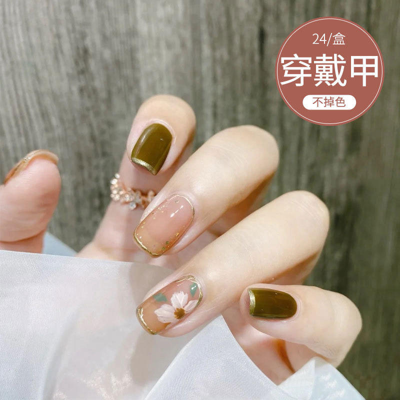 D040 fake nail patch removable summer fresh matcha flower wearing nail nail patch finished short women