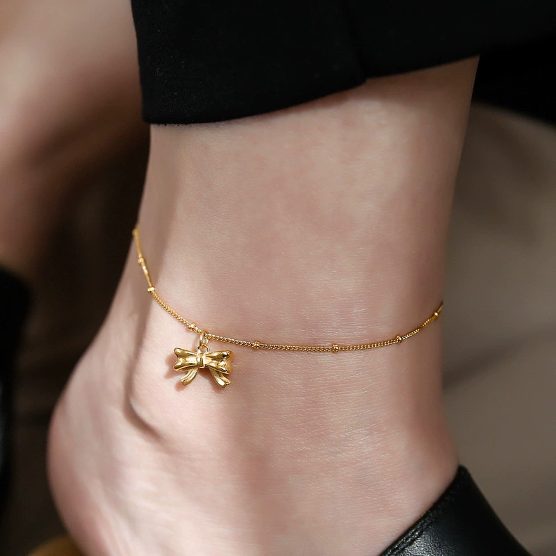 Изысканный универсальный браслет на лодыжку для принцессы с бантом из нержавеющей стали, легкий роскошный стиль, золото 750 пробы, не выцветает, простой и элегантный дизайн, подарок на день рождения