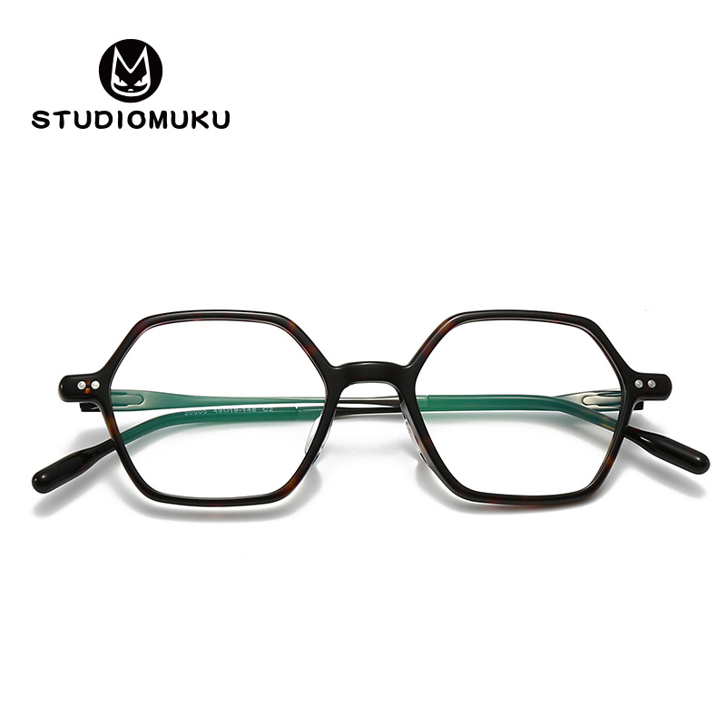 Gafas de madera STUDIOMUKU con temperamento de hermano mayor, placa poligonal, marco de gafas de titanio puro, marco retro