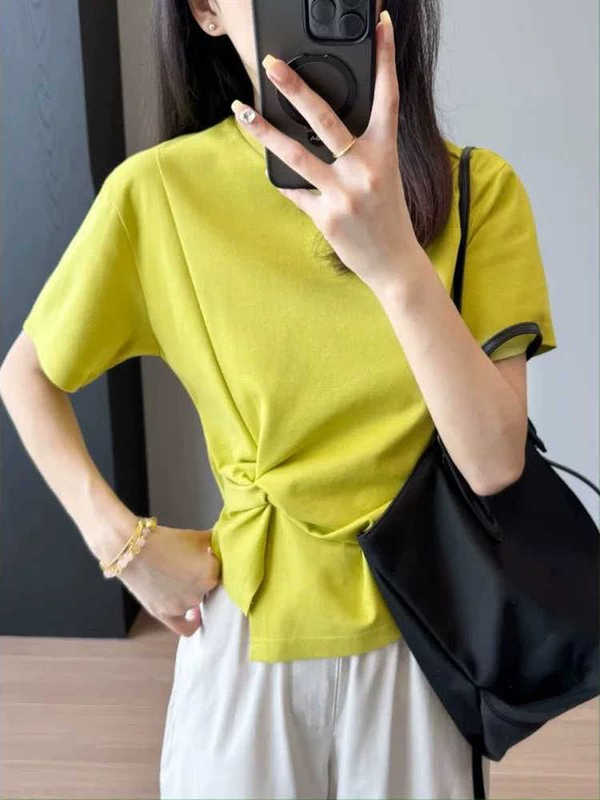 Fashionable and Unique T! Designed Japanese Imported Triacetate Tencel Short-Sleeved Pure Color Waist T-Shirt for Women Summer