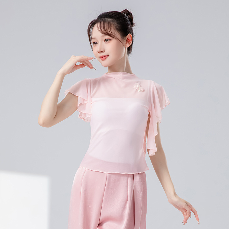 古典的なダンス服女性の夏の新型の小さい飛の袖のネットの紗の成人の古典的なダンスのはらはらしている訓練服の形の服の上着|undefined