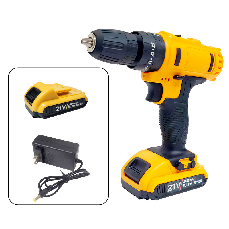 Soporte al procesamiento al por mayor del tipo de comercio exterior destornillador eléctrico multifuncional taladro de litio taladro de impacto amarillo taladro de mano de carga