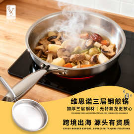 三层无涂层304不锈钢平底锅家用不粘锅烙饼炒锅牛排煎蛋加厚2.0