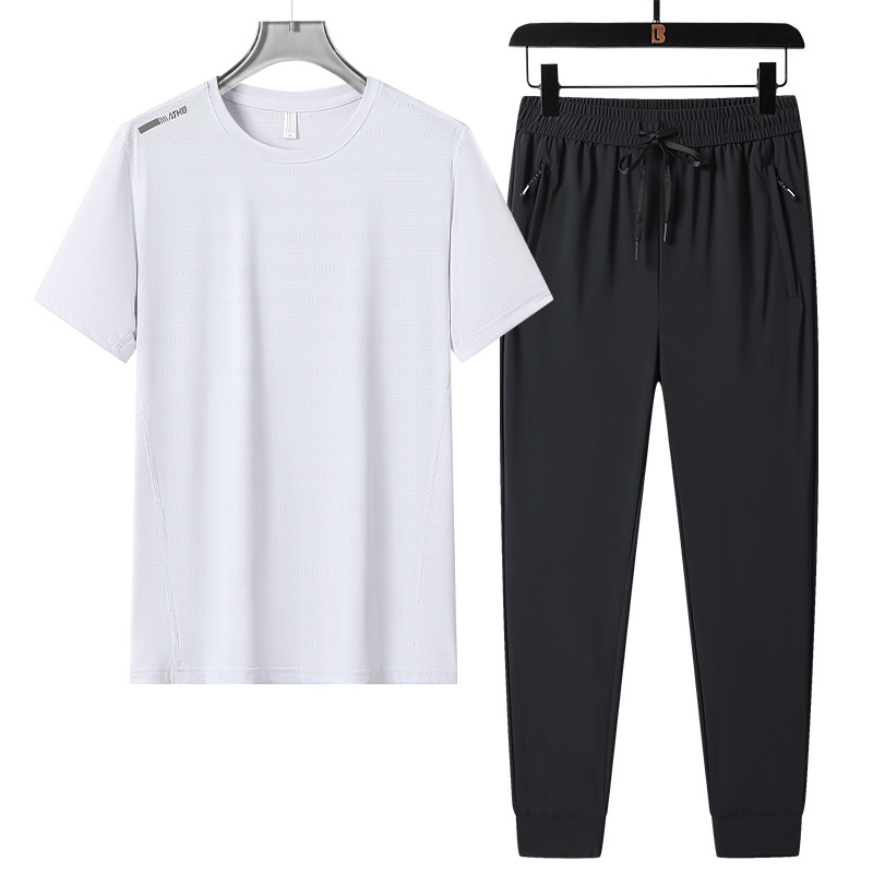 Hombre de verano helado juego deportivo casual transpirable rápido seco cuello redondo manga corta suelta pantalones largos de dos piezas al por mayor