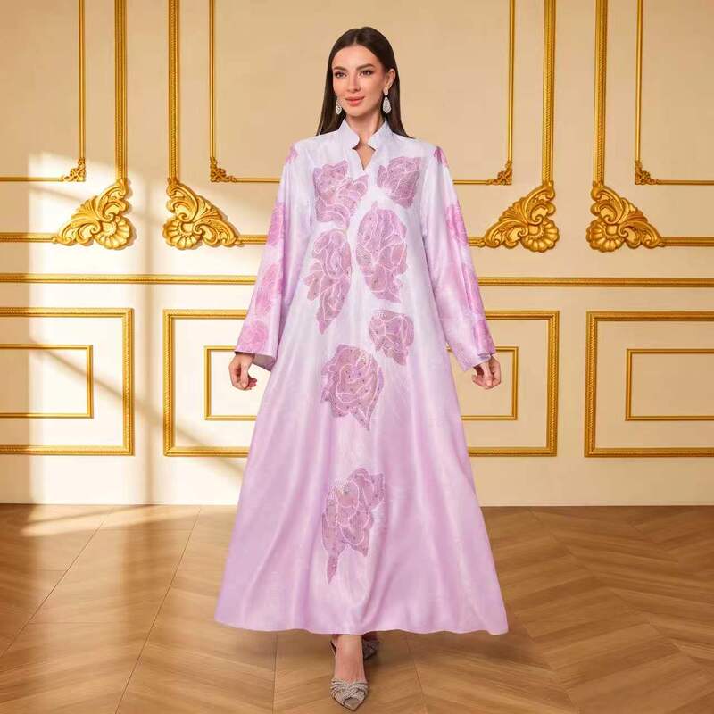 New Style Robe Dress with Rhinestone Floral Print, Long Sleeves, and Notched V-Neck